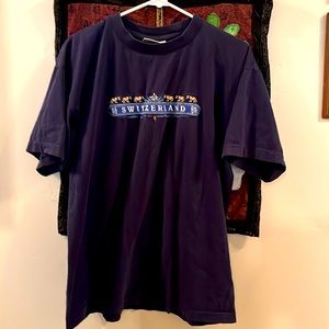 Women’s Short Sleeved T-Shirt, Navy Blue, Embroidered “Switzerland” cows